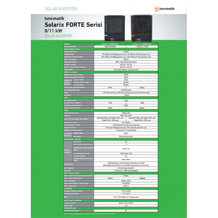 Tunçmatik Solarix Forte 11 kW 150A MPPT 48 Volt 11.000 Watt Akıllı İnverter 220V Çevirici