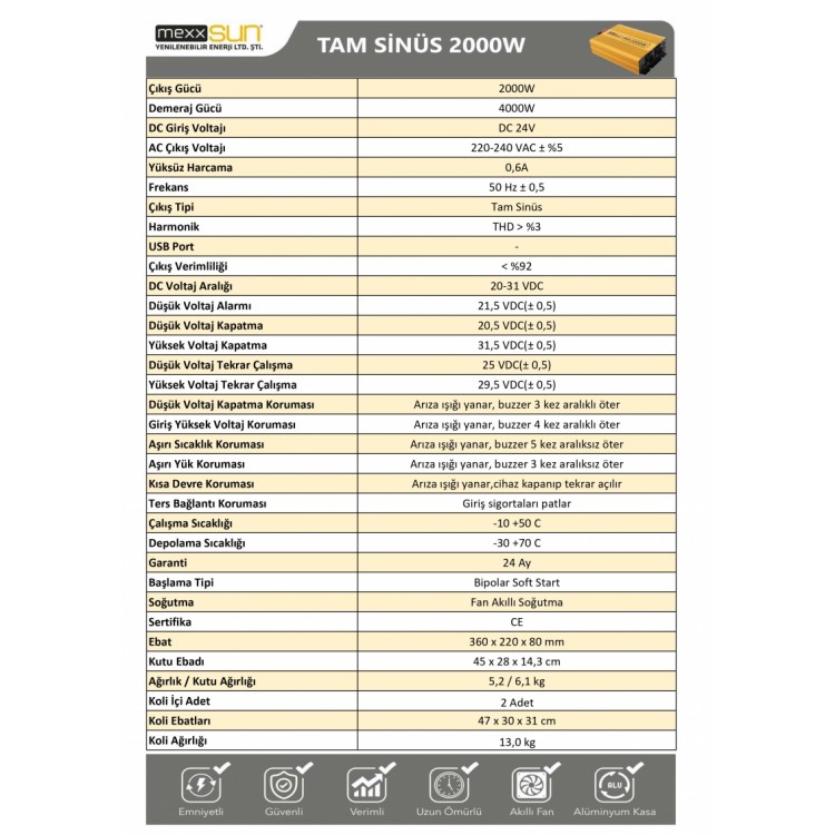 Mexxsun 24 Volt 2000 Watt Tam Sinüs İnverter