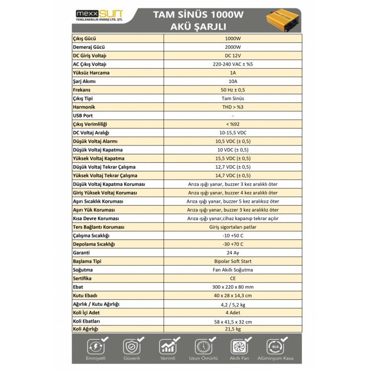 Mexxsun 12 Volt 1000 Watt Tam Sinüs Şarjlı İnverter