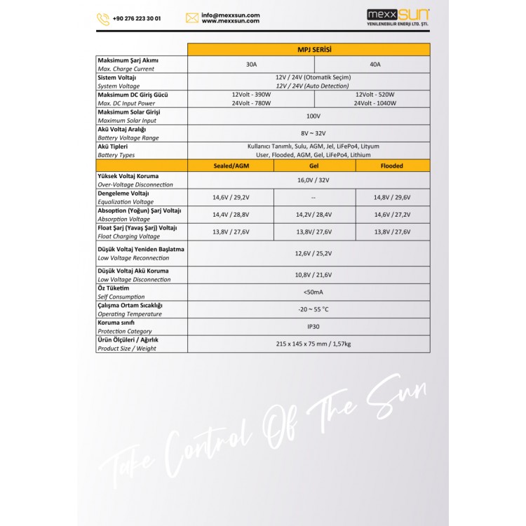 Mexxsun 40 A Amper 12/24 V Volt Mppt Şarj Kontrol Cihazı Solar Regülatör