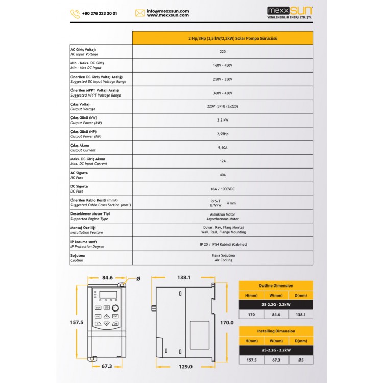 Mexxsun 3 HP 2.2 kW 2200 W Solar Pompa Sürücü Monofaze MPPT Frekans İnverter 3X220