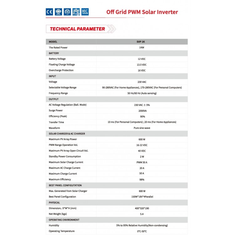 Sako SVP-1KW 12 Volt 1000 Watt Tam Sinüs Akıllı İnverter
