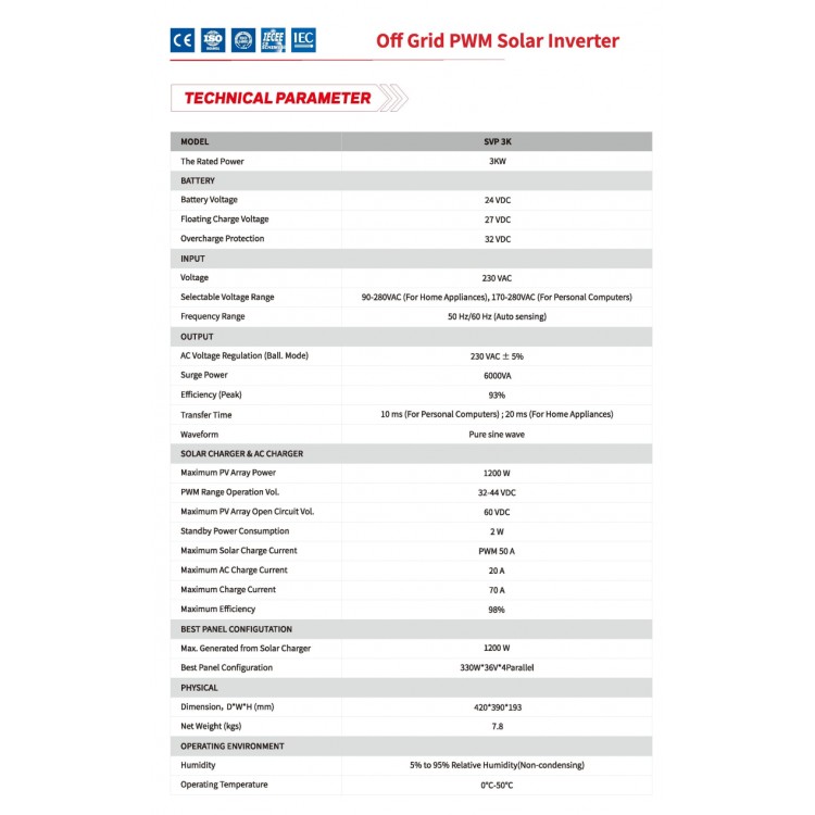 Sako SVP-3KW 24 Volt 3000 Watt Tam Sinüs Akıllı İnverter
