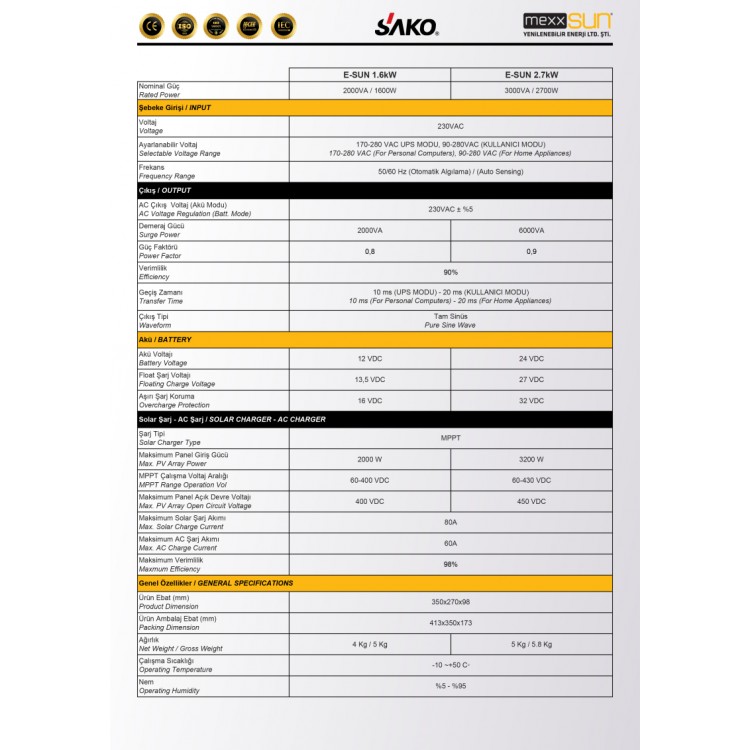 Sako E-SUN 12V 1.6 kW 1600 Watt Akıllı İnverter (30-400 VDC)
