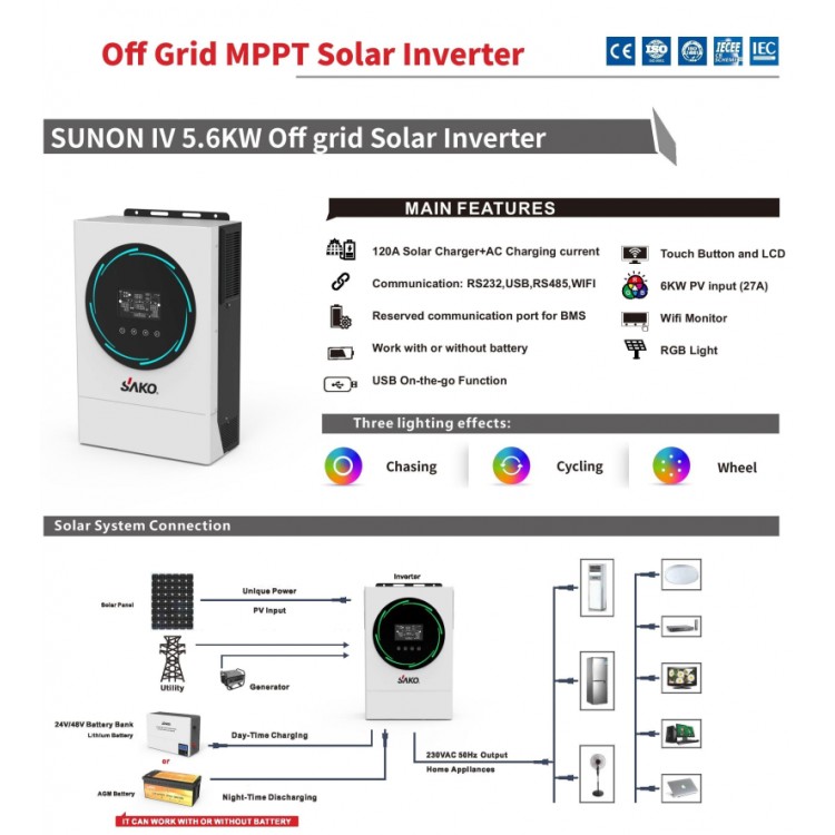 Sako Sunon IV 5.6 kW 48 Volt 5600 Watt Tam Sinüs Akıllı İnverter
