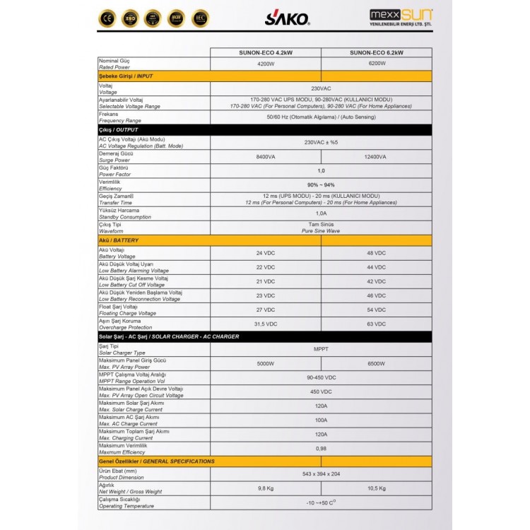 SAKO Sunon Eco 6.2Kw Tam Sinüs Akıllı İnverter 48V 6200W