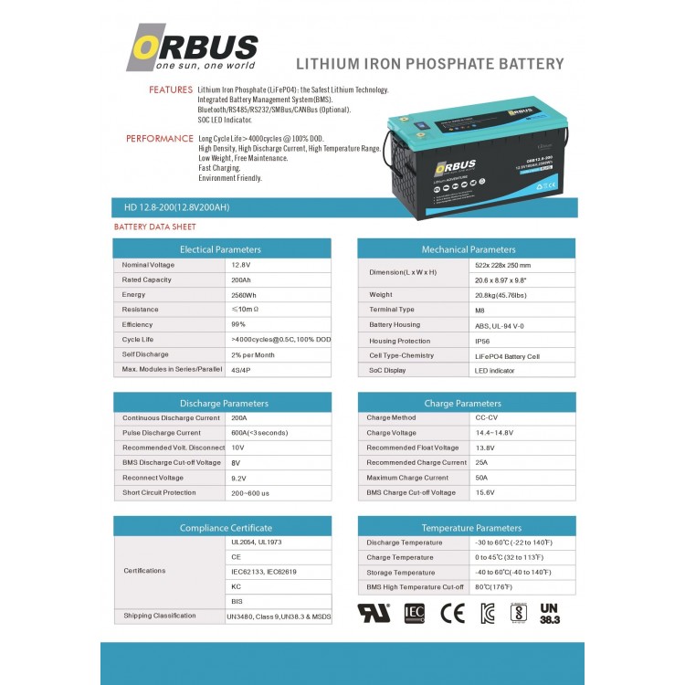 Orbus 12.8 V Volt 200 Ah Amper 2560 Wh Lityum Batarya Lifepo4 Lityum Akü