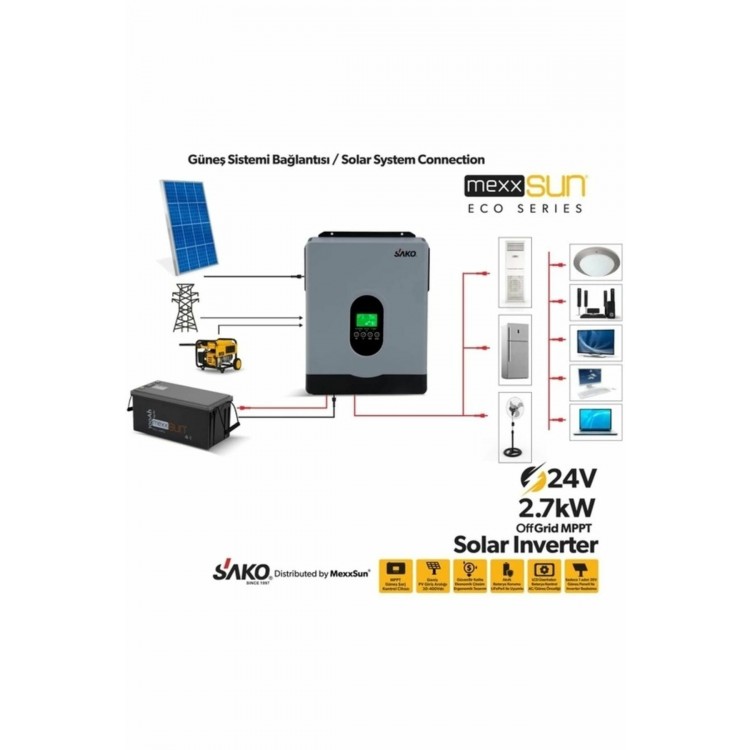 Sako E-sun 24 Volt 2.7 Kw Tam Sinüs Mppt Akıllı İnverter 450 Vdc