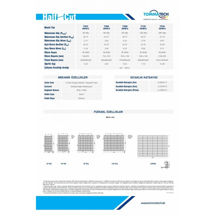 TommaTech 120WP 36 Hücreli HC-MB Güneş Paneli