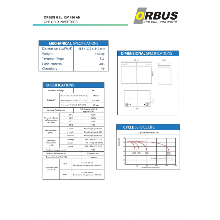 Orbus 12 V 150 Amper Derin Döngü Karbon Jel Akü