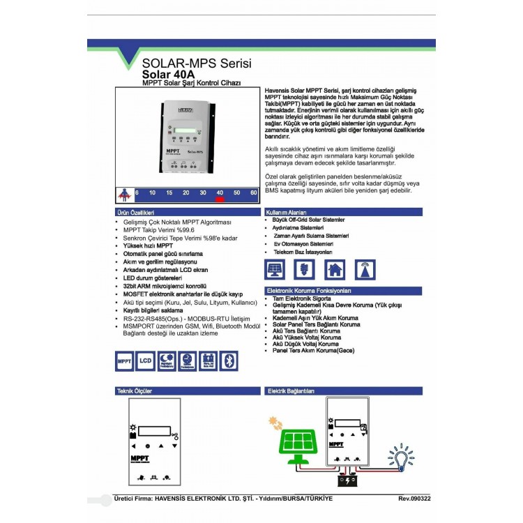 Havensis 40 Ah Mppt 12/24 V Solar Şarj Kontrol Cihazı