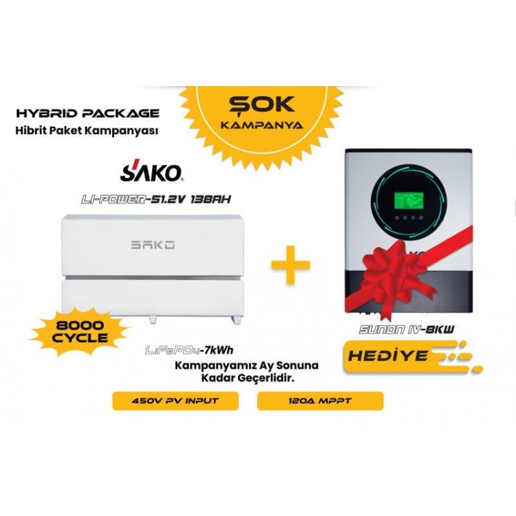 Sako Off-Grid Hibrit Paket 8 kW İnverter + 7 kWh Lityum Bataryalı