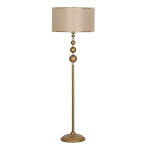 Alfa Eskitme Kaplama Kristal Üçlü Küre Metal Lambader Gold Şeritli Hasır Kahve