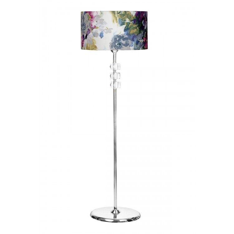 Lille Krom Kaplama Üçlü Kare Kristal Detaylı Metal Lambader - Gül Desenli