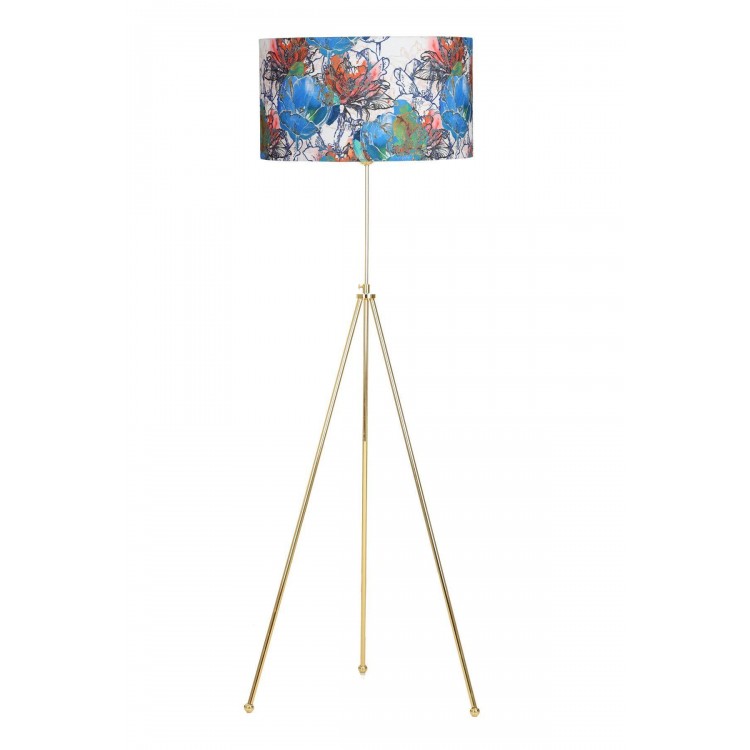 Noa Gold Kaplama Tripod Boyu Ayarlanabilir Metal Lambader - Flowers Desenli