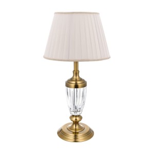 Bronz Renk Kaplama Gece Lambası, Kristal Detaylı Modern Abajur Krem Pileli Başlık