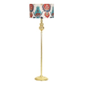 Lale Desenli  Silindir Başlık Gold Kaplama Helezon Kristal Metal Tek Ayaklı Lambader