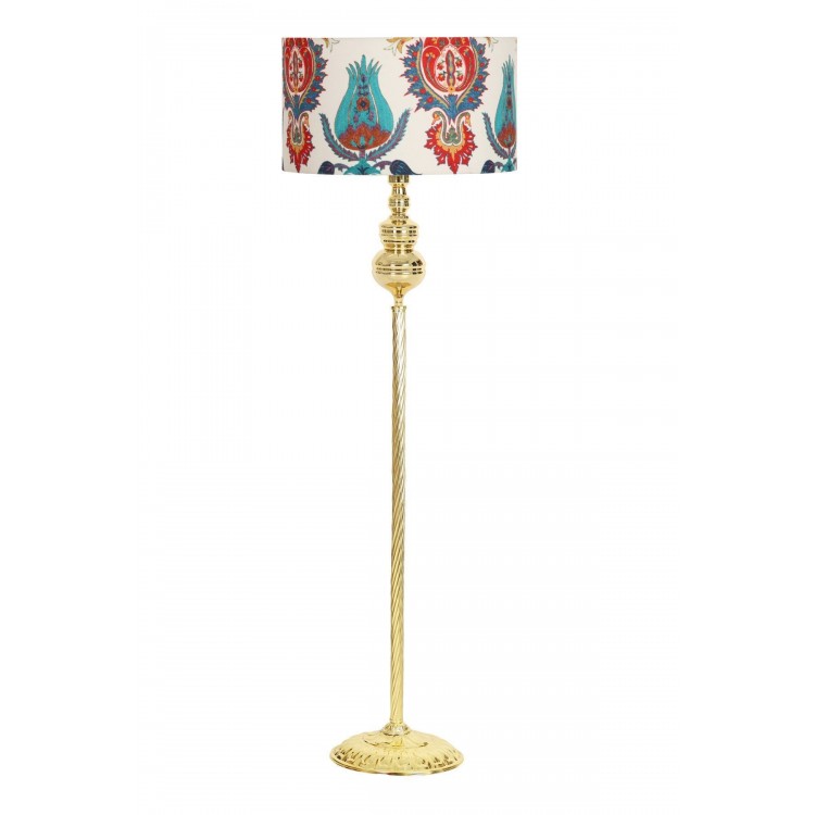 Lale Desenli  Silindir Başlık Gold Kaplama Helezon Kristal Metal Tek Ayaklı Lambader