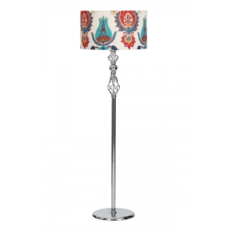Krom Kaplama Şelale Düz Metal Tek Ayaklı Lambader - Silindir Lale Desenli