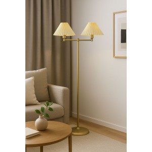 Nuvio Eskitme Gold Lambader - İkili Başlıklı Ayaklı Modern Salon Lambası – Krem Şapkalı