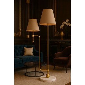 DuoLux Elegance Vizon İkili Başlıklı Modern Metal Mermer Tabanlı Lambader