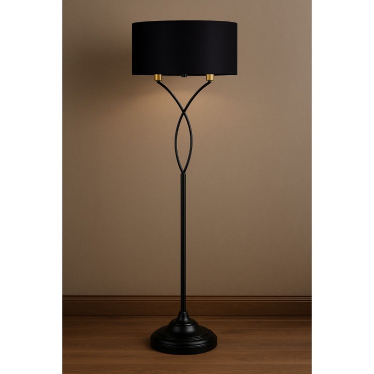 Luxoria Siyah Metal Gövdeli Modern Şapkalı Lambader - Mat Gold Detaylı