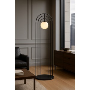 ArcoLux Modern Lambader – Siyah Gövde & Opal Cam Küre | 3 Kemerli Özel Tasarım