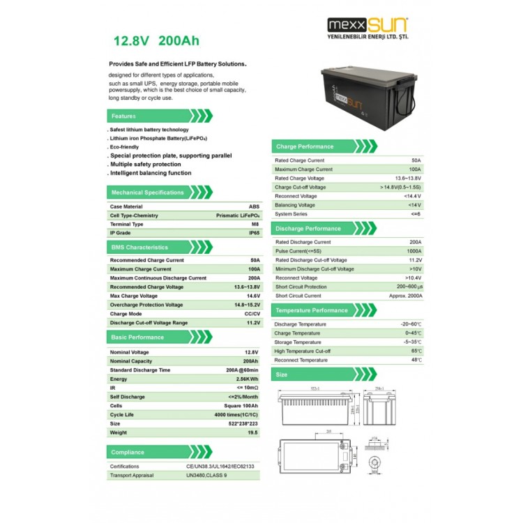 Mexxsun 12,8V 200Ah (LiFePo4) 2560Wh Lityum Batarya
