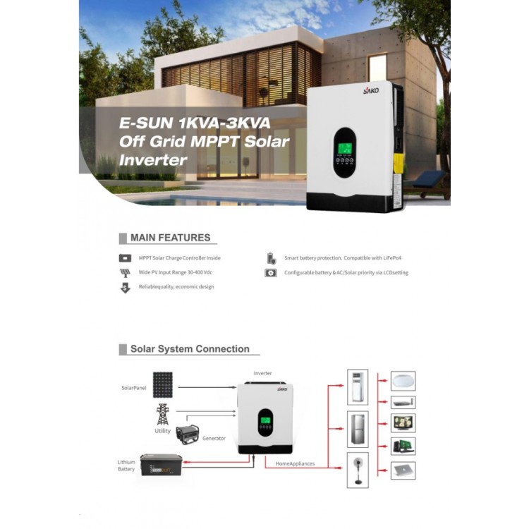 Sako E-SUN 3KVA 3000VA 2.7 kW 24 V Volt 2700 W Watt Akıllı İnverter 220 Volt Çevirici İnvertör
